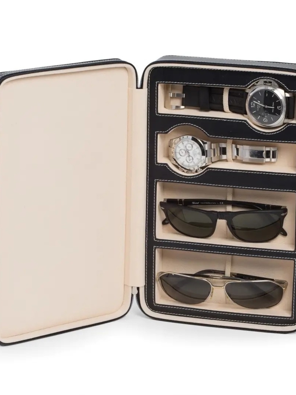 Genuine Leather Watch & Eyeglass Travel Case – Holds 2 Watches + 2 Glasses Black